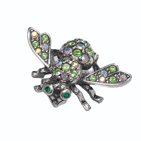 JOAN RIVERS CLEAR AURORA BOREALIS & GREEN CRYSTALS SILVER TONE BUMBLEBEE BROOCH - Picture 11 of 16